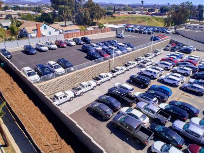 An aerial view of the parking lot area