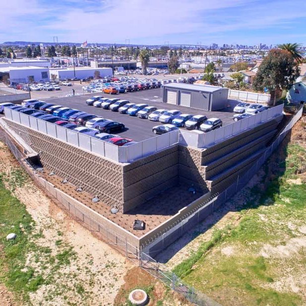 An aerial view of parking lot area at Frank Motors
