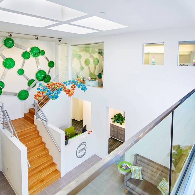 A staircase view and reception area